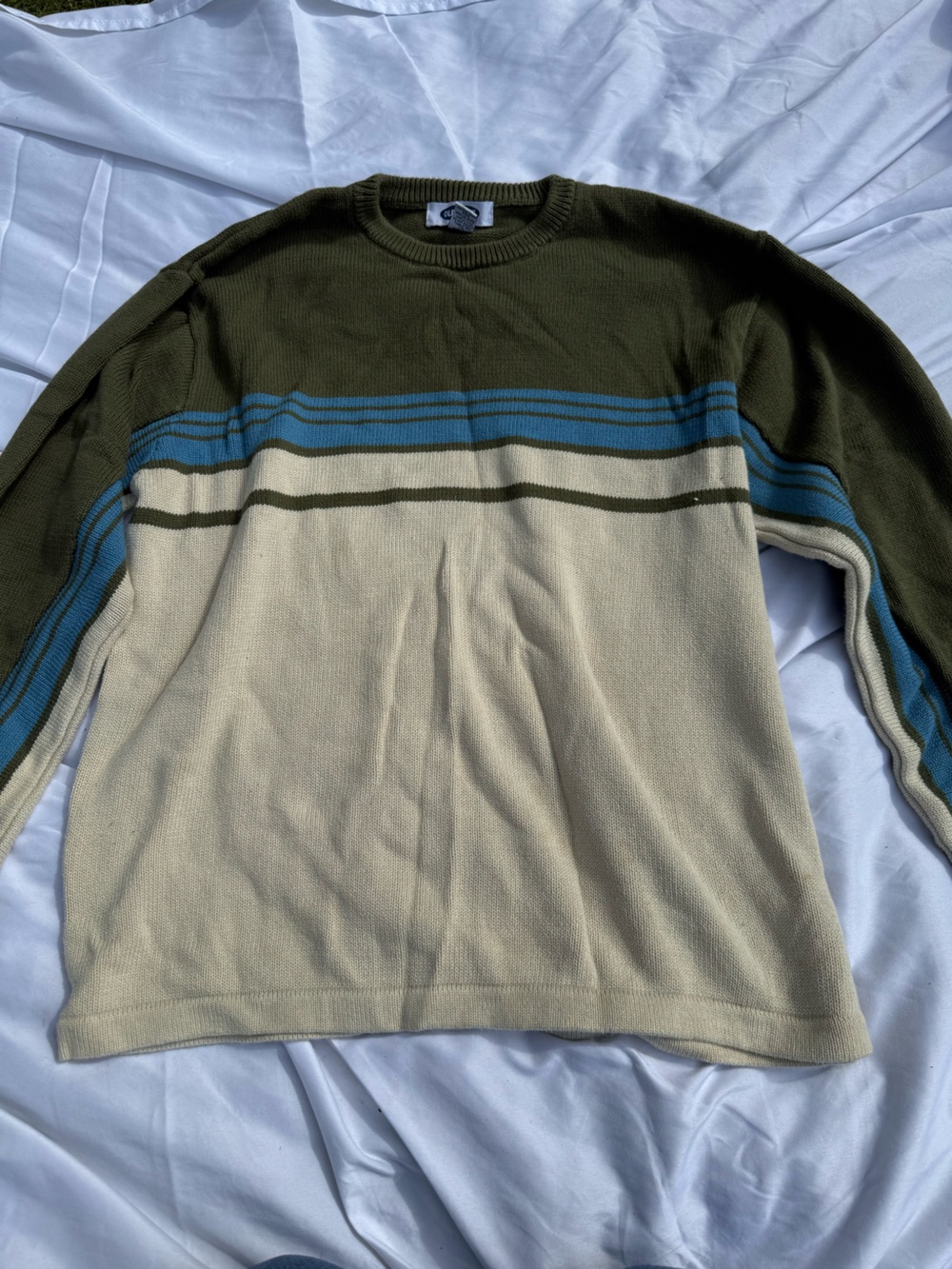 Old Navy Green, Blue and Cream Striped Crewneck Sweater